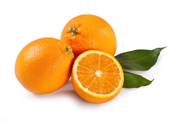Oranges, Isolated on White Background – Group of Navel Cultivar, Cut Open Half and Whole Group, Macro Close Up on Pulp, Skin and Pores, Leaves – High Resolution Detail, Seedless
