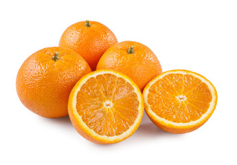 Oranges, Isolated on White Background – Group of Navel Cultivar, Cut Open Half and Whole Group,...