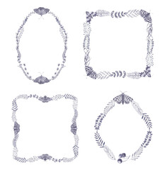 Watercolor set of wreaths with herbs and moths. Floral vintage frames.