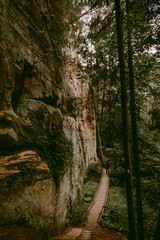 Woman walking on the forest hiking trail beside the Licu Langu sandstone cliff near Gauja river in Latvia