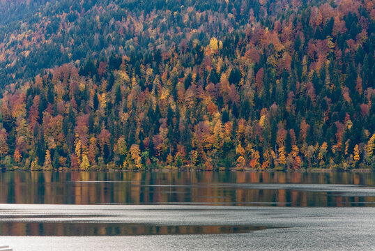 Beautiful background image of autumn colorful forest and its reflection in a mountain lake Aegeri