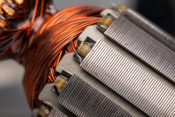 Rotor of an electric motor close up. Copper motor windings.