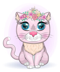 Cute cartoon pink cat, kitten on a background of flowers