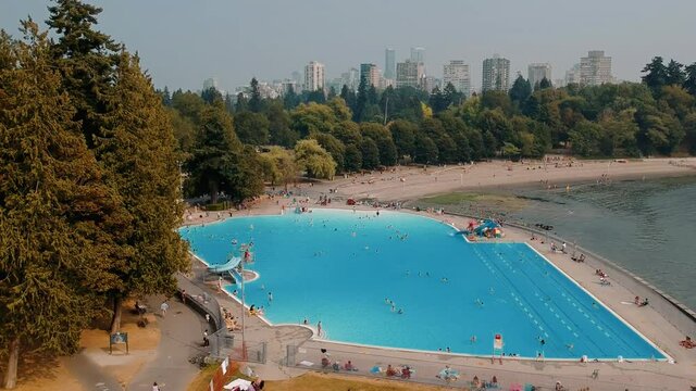 VANCOUVER, CANADA - AUGUST 2017: Aerial view of Vancouver skyline and park in summer season, British Columbia, Canada