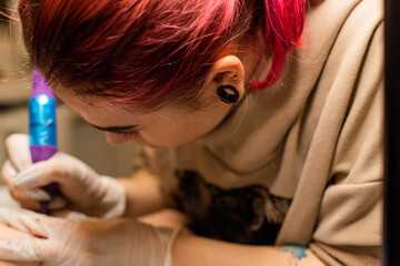 Fototapeta premium Charming girl with pink hair and tattoos stuffs a tattoo on a woman's hand in a tattoo parlor, creative small business and tattoo master. Hipster woman in gloves draws a tattoo