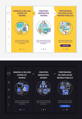 Special author rights onboarding vector template. Responsive mobile website with icons. Web page walkthrough 3 step screens. Selling works copies night and day mode concept with linear illustrations