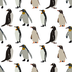Penguins seamless pattern. Backgrounds and wallpapers for invitations, cards, fabrics, packaging, textiles, posters. Vector illustration.
