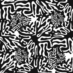 Stylish doodle seamless pattern with splash pattern black on white background. Abstract wallpaper, fabric.