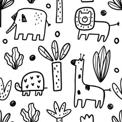Vector seamless hand drawn doodle pattern with safari animals and tropical plants. Vector texture in childish style great for fabric and textile, wallpapers, backgrounds.