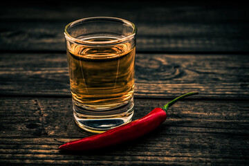 Glass of tequila with cayenne pepper on an old wooden table. Close up view