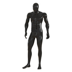 A black male glossy mannequin stands leaning on one leg on a white background. 3d rendering