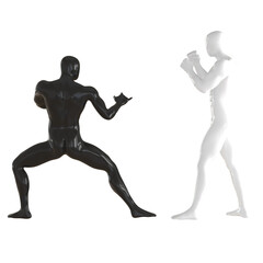 Two dummies white and black in poses of fighters practicing techniques on an isolated background. 3d rendering