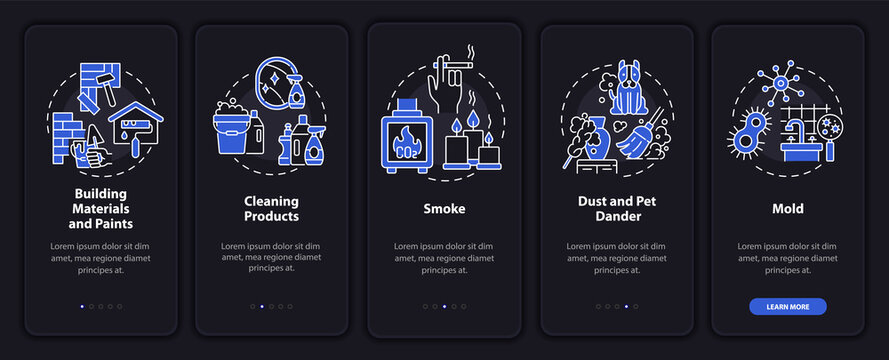 At-home air pollutants onboarding mobile app page screen with concepts. Cleaning products walkthrough 5 steps graphic instructions. UI, UX, GUI vector template with linear night mode illustrations