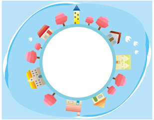 シンプルな街並みのベクターイラスト　枠　背景 　春