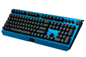 Blue computer keyboard with rgb colors isolated on white background.