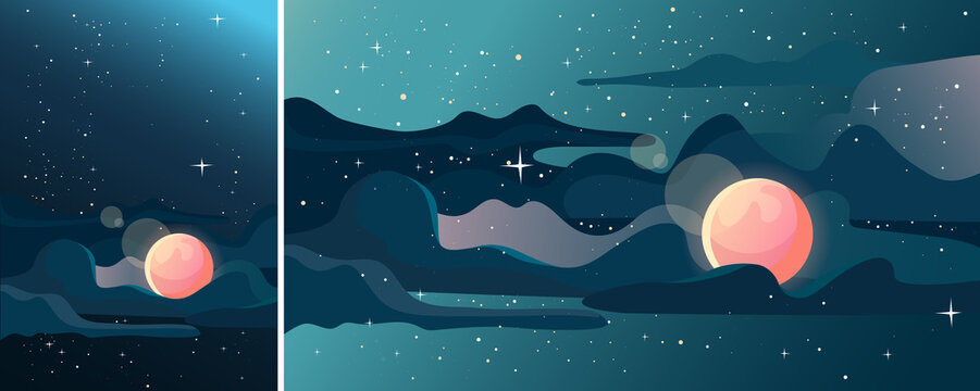 Starry sky with moon. Space landscape in vertical and horizontal orientation.