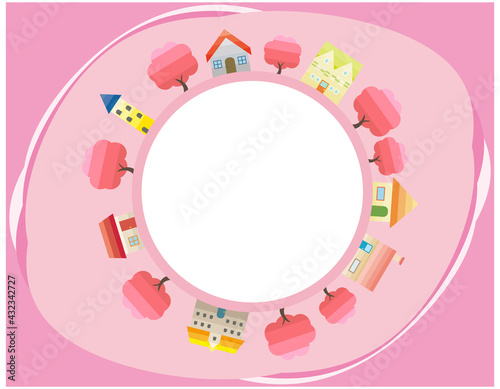 シンプルな街並みのベクターイラスト 枠 背景 春 Wall Mural Nisi