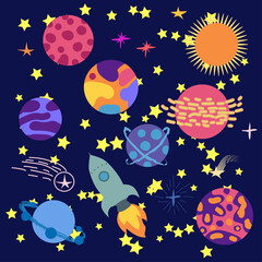 Space cartoon icons set. Planets, rockets, ufo elements on cosmic background.