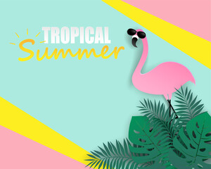 Tropical summer  holiday. Design with flamingo and tropical leaves on  colorful pastels. paper art style.  Design for template,banners,flyers,posters, brochure. Vector.