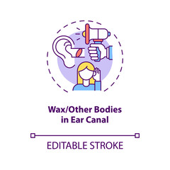 Wax and other foreign bodies in ear canal concept icon. Acquired hearing loss cause idea thin line illustration. Foreign object damaging ear. Vector isolated outline RGB color drawing. Editable stroke