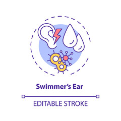 Swimmer ear concept icon. Ear condition idea thin line illustration. Otitis externa. Earhole infection. Outer canal inflammation, swelling. Vector isolated outline RGB color drawing. Editable stroke