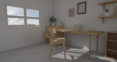 3d render interior room. minimal style design. working desk. home interior design. template for website, wallpaper, and mockup.