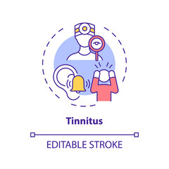 Tinnitus concept icon. Top ear condition idea thin line illustration. Ringing, buzzing in ear. Hearing loss sign. Loud noise exposure. Vector isolated outline RGB color drawing. Editable stroke