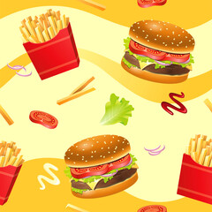 illustration of super fun colorful fast food seamless pattern background