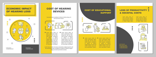 Economic hearing loss impact brochure template. Educational expense. Flyer, booklet, leaflet print, cover design with linear icons. Vector layouts for presentation, annual reports, advertisement pages