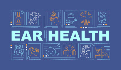 Fototapeta premium Ear health word concepts banner. Hearing improvement. Ear cleaning. Healthy lifestyle. Infographics with linear icons on blue background. Isolated typography. Vector outline RGB color illustration