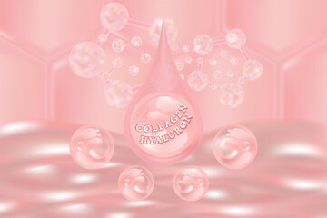 Hyaluronic acid skin solutions ad, pink collagen serum drops with cosmetic advertising background ready to use, illustration vector.