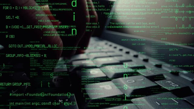 Creative visual of computer programming coding and software development shown by man working on computer keyboard with overlay of computer graphic displaying abstract program codes and computer script