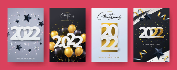 Happy New Year 2022. Xmas vector illustration of paper cut 2022 with sparkling confetti, silver and black stars, gold and black realistic 3d flying balloons, golden brush stroke. Template Set