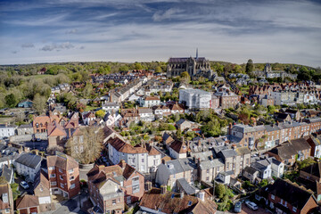 Aerial view of the old town of Arundel in West Sussex, England and Arundel Cathedral in Southern England on the banks of the River Arun.