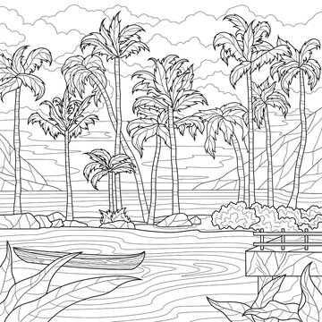 Palm trees by the sea.
Coloring book antistress for children and adults. Illustration isolated on white background.Zen-tangle style. Hand draw