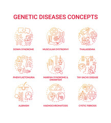 Genetic disease red gradient concept icons set. Marfan syndrome, dwarfism. Tay sach disease. Hereditary illness idea thin line RGB color illustrations. Vector isolated outline drawings