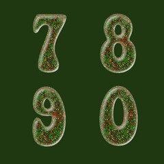 Green and red glitter capital letter alphabet - digits 7-0