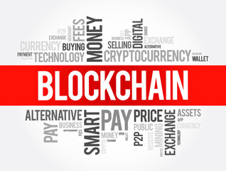 Blockchain cryptocurrency coin word cloud collage, business concept background