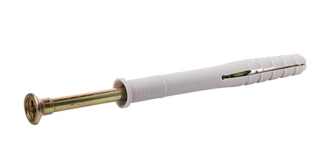 Countersunk self-tapping screw in a plastic dowel isolated on a white background