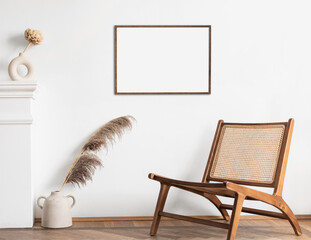 Classical style interior with artwork template on a white wall. Modern home design concept. Blank...