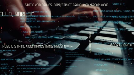 Creative visual of computer programming coding and software development shown by man working on computer keyboard with overlay of computer graphic displaying abstract program codes and computer script