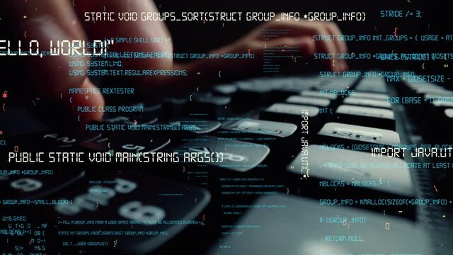 Creative visual of computer programming coding and software development shown by man working on computer keyboard with overlay of computer graphic displaying abstract program codes and computer script
