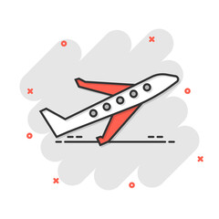 Plane icon in comic style. Airplane cartoon vector illustration on white isolated background. Flight airliner splash effect business concept.