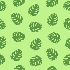 Green monstera leaves on light green background, tropical seamless pattern. Trendy summer style, vector illustration