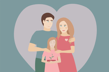 Cute vector illustration of family- father, mother and dauther, holding a pot with small growing plant. Family day concept.