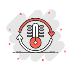 Thermometer climate control icon in comic style. Meteorology balance cartoon vector illustration on white isolated background. Hot, cold temperature splash effect business concept.