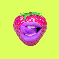Contemporary art collage, modern design. Summer mood. Juicy strawberry with female mouthes and lips...