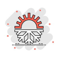 Snowflake and sun icon in comic style. Climate control cartoon vector illustration on white isolated background. Hot, cold temperature splash effect business concept.