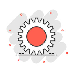 Gear vector icon in comic style. Cog wheel cartoon illustration on white isolated background. Gearwheel cogwheel splash effect business concept.