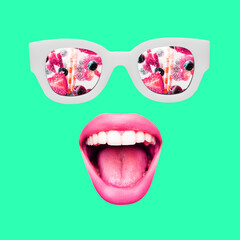 Contemporary art collage, modern design. Summer mood. Sunglasses and female mouthes and lips on blue